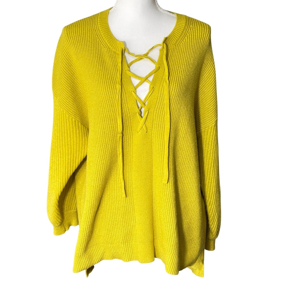 MAGASCHONI WOMAN Yellow Chartreuse Ribbed Lace Up Neck Sweater Plus Size 1X